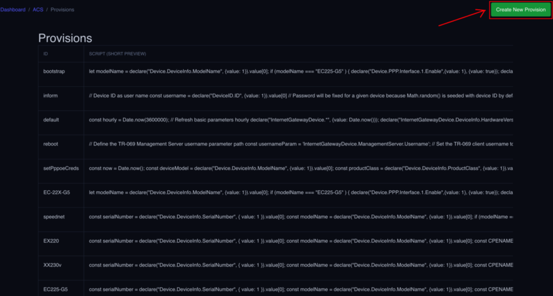 ACS Provisioning History